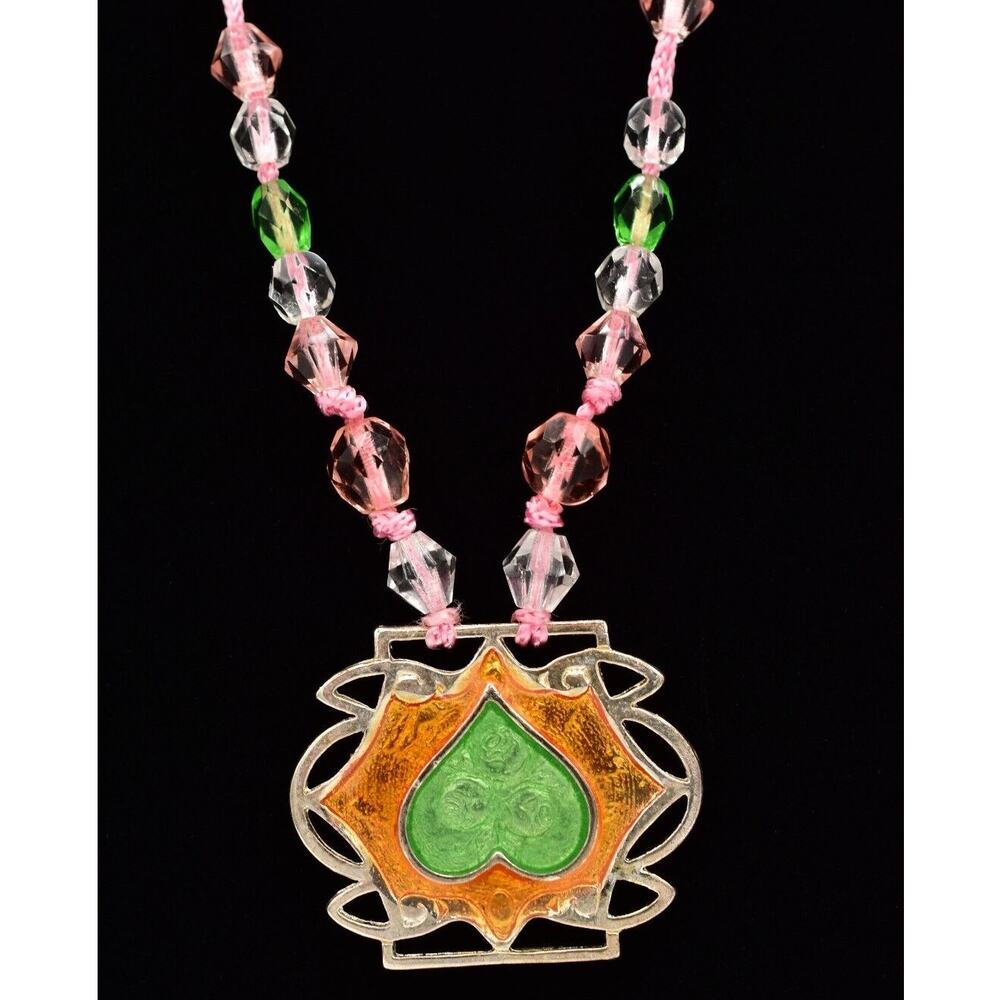 Vintage Heart Pendant Necklace Fabric Pink Green Crystal Beaded Enamel BinA17